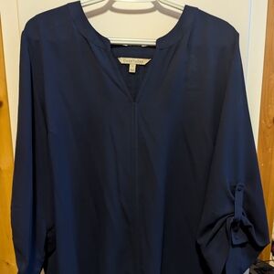 3/4 sleeve navy notch neck blouse